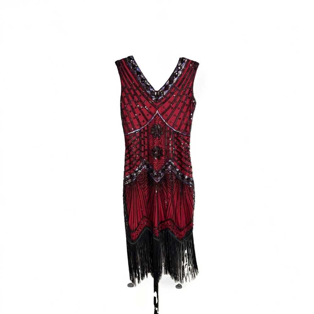 BABEYOND Women Flapper Dress Small Red Black Sequin Beaded Fringe 1920s NEW W149